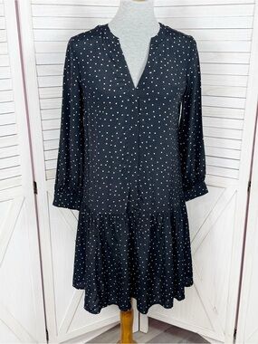 Gap Polka Dot Tiered Hem Drop Waist Shift Dress Black White 4 Long Sleeve‎